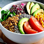 ** Vibrant quinoa salad bowl overflowing with colorful ingredients like avocado, chia seeds, and fresh greens. Focus on the textures and healthy appeal. Bright, natural lighting.

**