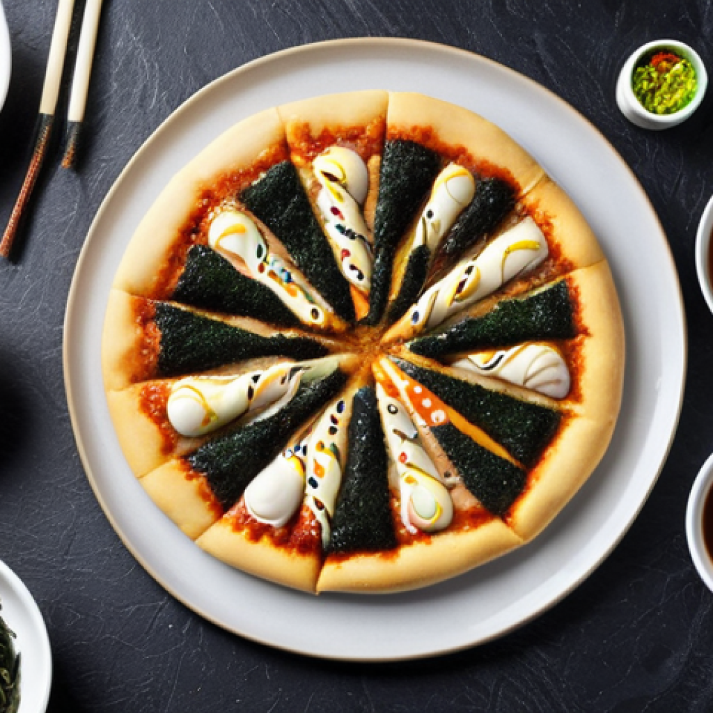 **

A vibrant, overhead shot of a fusion pizza showcasing Hokkaido wheat dough. Toppings include mochi, nori seaweed flakes, and a drizzle of teriyaki sauce. Focus on the chewy texture of the crust and the contrasting colors of the Japanese-inspired ingredients. Soft, diffused lighting.

**