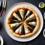 **

A vibrant, overhead shot of a fusion pizza showcasing Hokkaido wheat dough. Toppings include mochi, nori seaweed flakes, and a drizzle of teriyaki sauce. Focus on the chewy texture of the crust and the contrasting colors of the Japanese-inspired ingredients. Soft, diffused lighting.

**