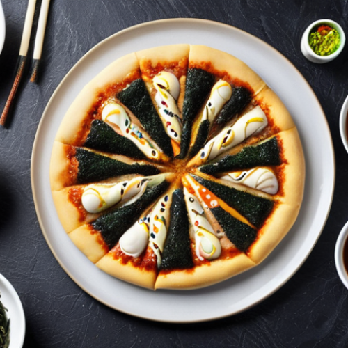 **

A vibrant, overhead shot of a fusion pizza showcasing Hokkaido wheat dough. Toppings include mochi, nori seaweed flakes, and a drizzle of teriyaki sauce. Focus on the chewy texture of the crust and the contrasting colors of the Japanese-inspired ingredients. Soft, diffused lighting.

**