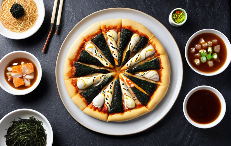 **

A vibrant, overhead shot of a fusion pizza showcasing Hokkaido wheat dough. Toppings include mochi, nori seaweed flakes, and a drizzle of teriyaki sauce. Focus on the chewy texture of the crust and the contrasting colors of the Japanese-inspired ingredients. Soft, diffused lighting.

**