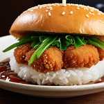 **

A vibrant, mouth-watering photo of a local brand pork *menchi-katsu* burger. The focus is on the juicy *menchi-katsu* overflowing from a slightly rustic bun dusted with local rice flour. Background hints at a modern, clean fast-food restaurant, maybe with a chalkboard mentioning the farm the pork came from. There are fresh, local vegetables peeking out, and the sauce is a rich, dark color, suggesting local miso or soy sauce.  Style: Food photography, close-up, bright, appetizing.

**