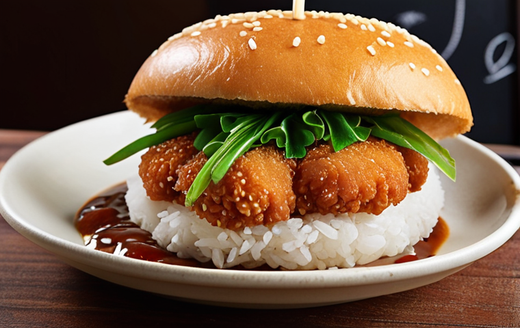 **

A vibrant, mouth-watering photo of a local brand pork *menchi-katsu* burger. The focus is on the juicy *menchi-katsu* overflowing from a slightly rustic bun dusted with local rice flour. Background hints at a modern, clean fast-food restaurant, maybe with a chalkboard mentioning the farm the pork came from. There are fresh, local vegetables peeking out, and the sauce is a rich, dark color, suggesting local miso or soy sauce.  Style: Food photography, close-up, bright, appetizing.

**